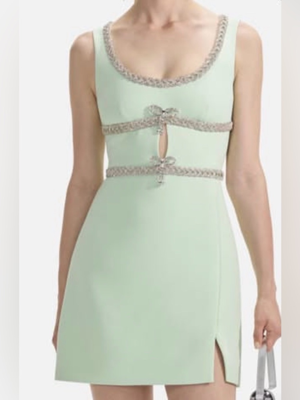 Self-Portrait Mint Green Mini Dress with Braided Trim and Bows